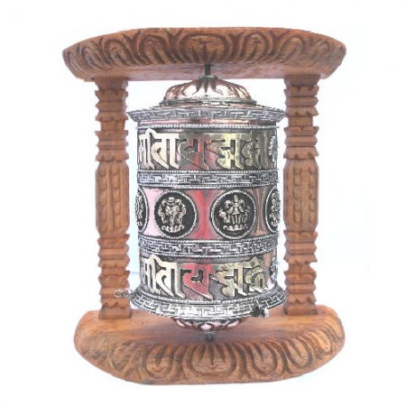 Large Metal Prayer Wheel with Natural Wood Frame -W0525